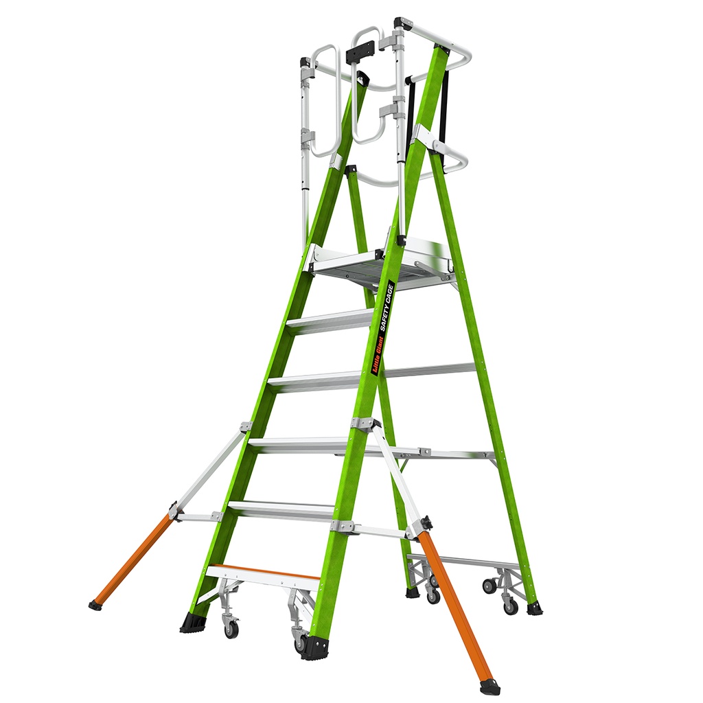 Safety Cage® 2.0 - EN 131 - 150 kg Rated, Fiberglass Electrical Insulated Platform Ladder with Wheels, GROUND CUE and Adjustable Outriggers