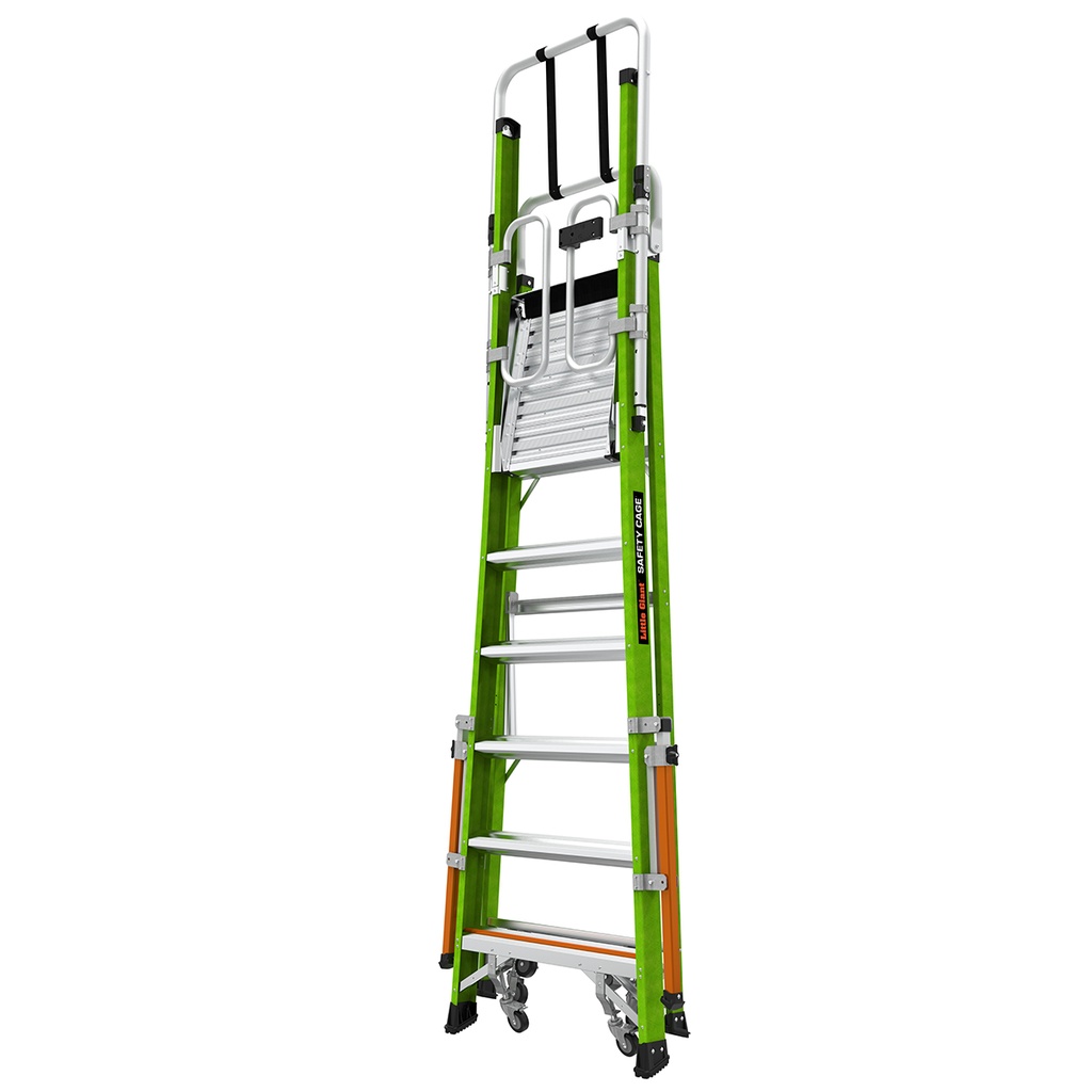 Safety Cage® 2.0 - EN 131 - 150 kg Rated, Fiberglass Electrical Insulated Platform Ladder with Wheels, GROUND CUE and Adjustable Outriggers