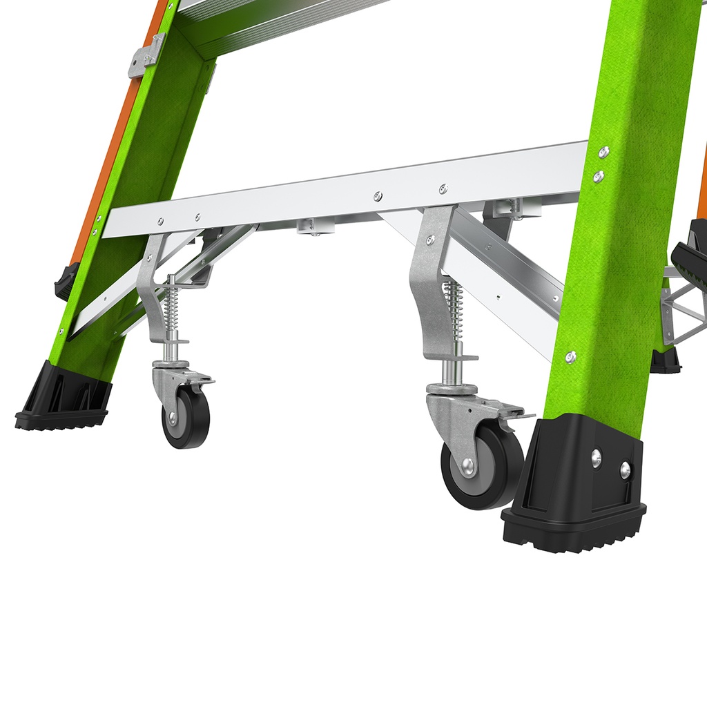 Safety Cage® 2.0 - EN 131 - 150 kg Rated, Fiberglass Electrical Insulated Platform Ladder with Wheels, GROUND CUE and Adjustable Outriggers