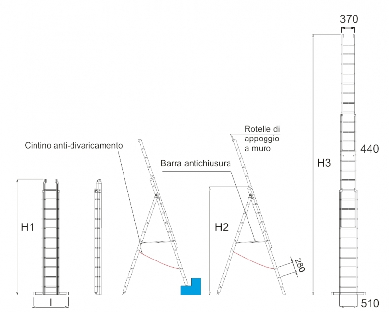 V047 Fiberglass Electrical Insulated Multipurpose ladder in three sections with rungs with stabilizing base