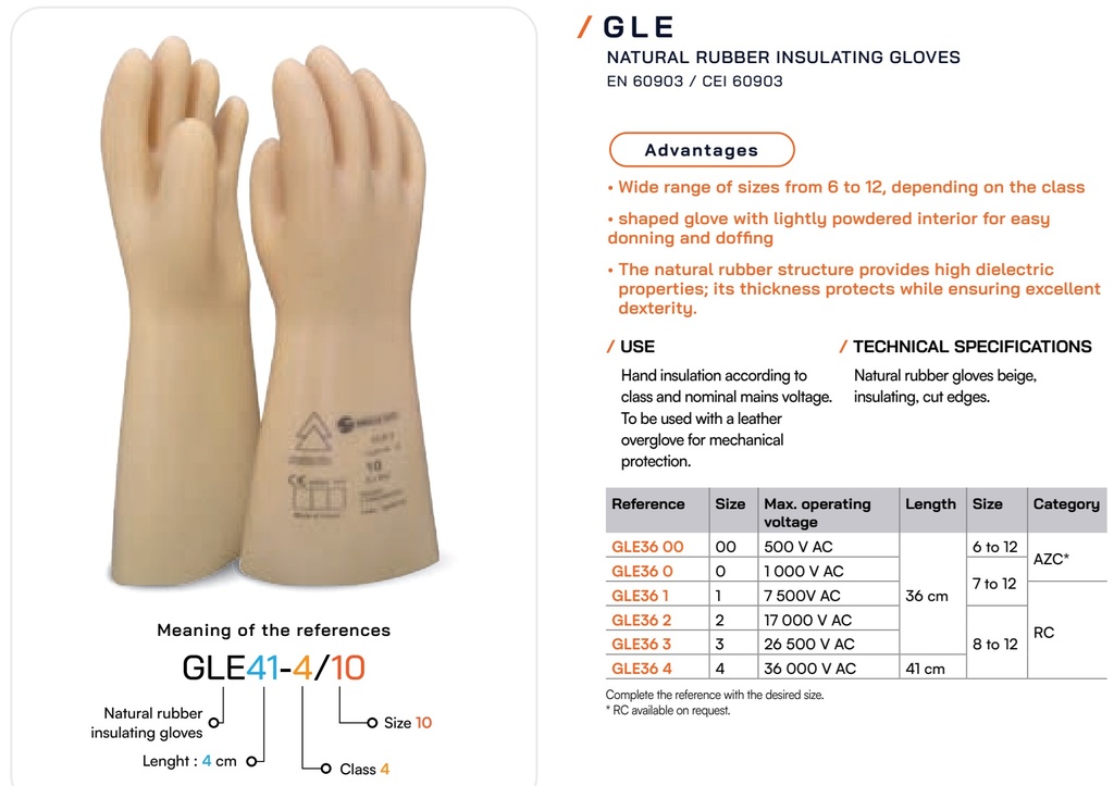 GLE4 41 Insulating natural rubber gloves class 4 (36,000V AC), length 41cm