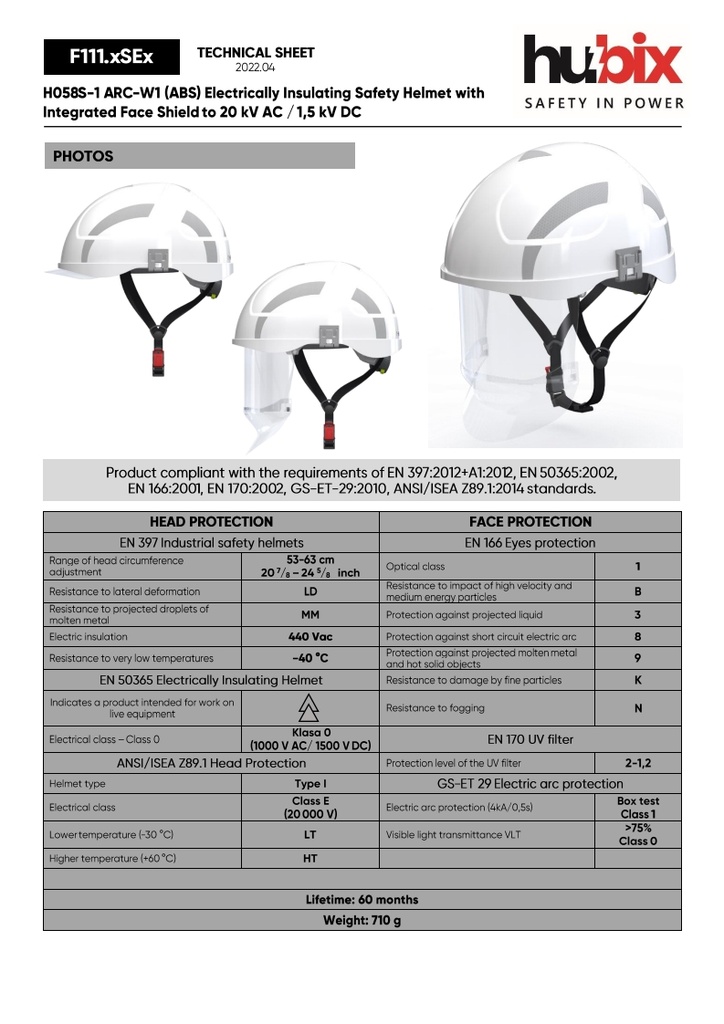 SECRA-1 Electrically insulating helmet with face shield APC 1,  Class E (20 kV AC), Class 0 (1000 V AC/1500 V DC)