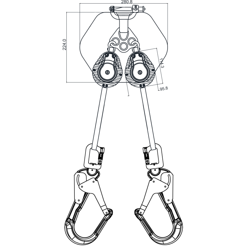 FA2050502A SPILO-S, Twin legged retractable fall arrester and energy absorber in back pocket, lg 2.4 m, with big scaffold hooks