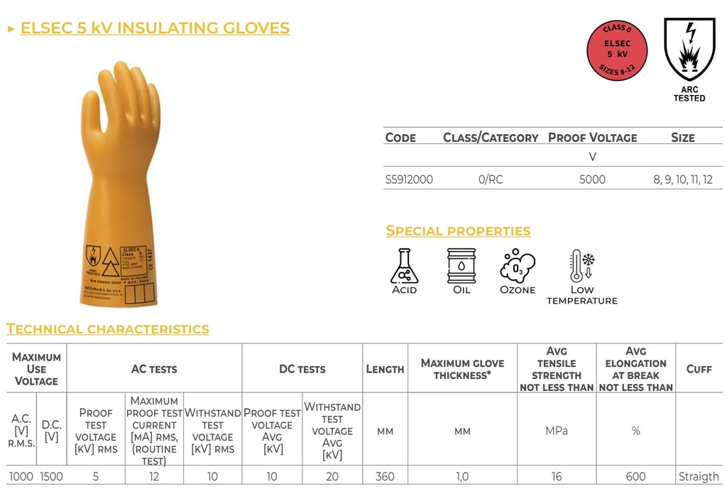 ELSEC 5 Arc Insulating natural rubber gloves class 0/RC (1,000 V), Arc Tested
