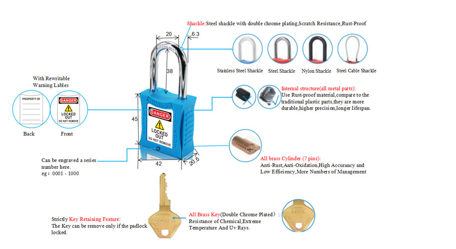211L 6.3mm/76mm Automatic Rebound Copper Body & Steel Shackle LOTO Padlocks