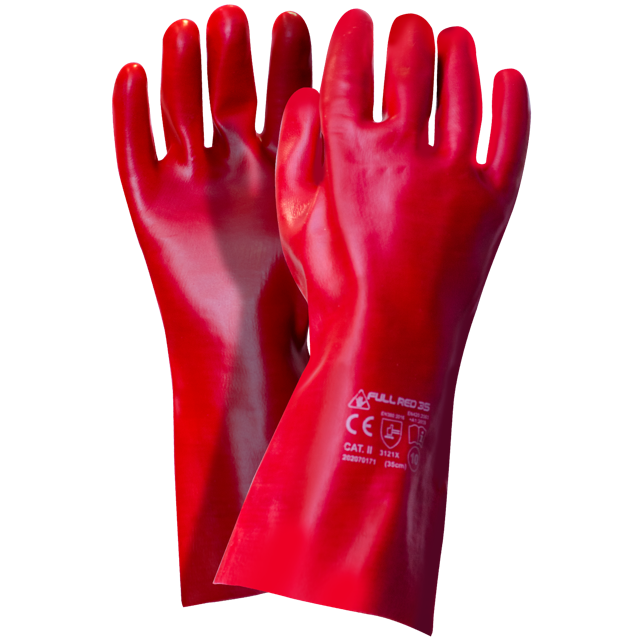FULL RED 35 PVC Coated Заштитни Хемиски Ракавици, должина 35cm